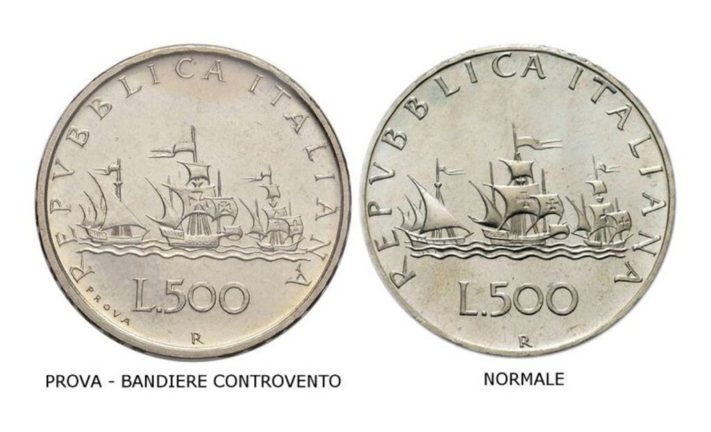 500 lire in argento caravelle con le vele al contrario